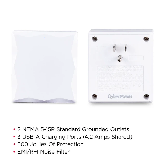 Alt view image 3 of 7 - P2WU Professional Surge Protector, 500J/125V, 2 Outlets, 3 USB Charge Ports, Wall Tap Design, White