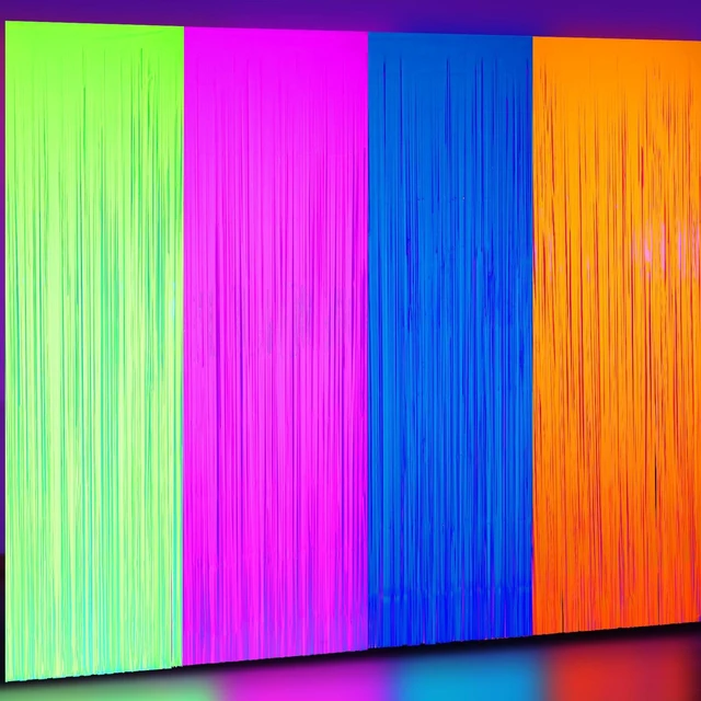Main image of 4 Pack Glow in the Dark Party Supplies,Blue Purple Yellow Orange 3.3x6.6ft Neon Tinsel Foil Fringe Curtain, Neon Party Supplies, Glow in the Dark Backdrop Streamer Decor, Vbs Photo Booth