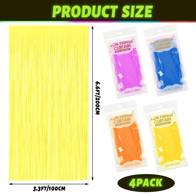 Alt view image 2 of 7 - 4 Pack Glow in the Dark Party Supplies,Blue Purple Yellow Orange 3.3x6.6ft Neon Tinsel Foil Fringe Curtain, Neon Party Supplies, Glow in the Dark Backdrop Streamer Decor, Vbs Photo Booth