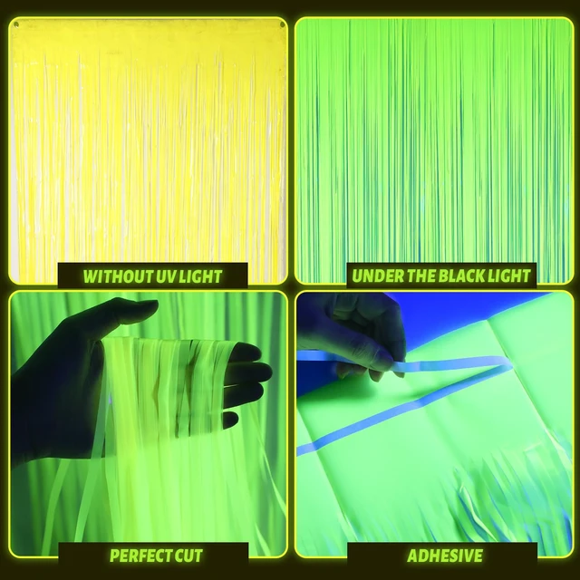 Alt view image 3 of 7 - 4 Pack Glow in the Dark Party Supplies,Blue Purple Yellow Orange 3.3x6.6ft Neon Tinsel Foil Fringe Curtain, Neon Party Supplies, Glow in the Dark Backdrop Streamer Decor, Vbs Photo Booth
