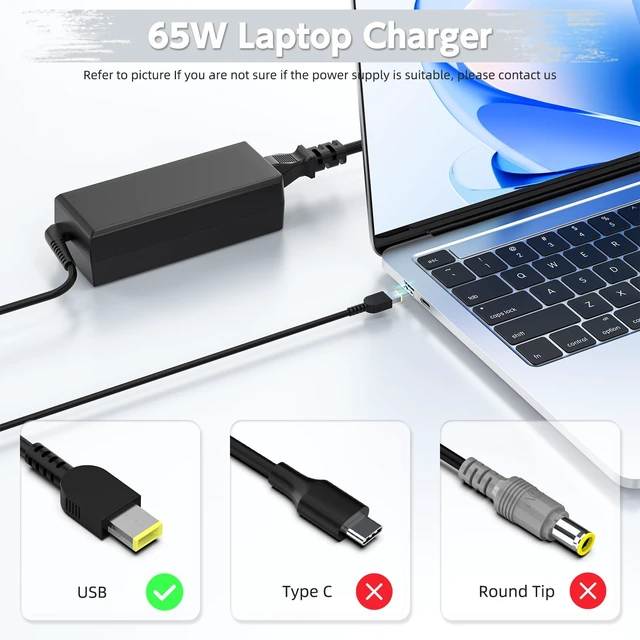 Alt view image 2 of 6 - 65W Laptop Charger Compatible with Lenovo Thinkpad T460 T470 T470S T431S T440 T440S T440P T450 T460S E531 E570 E560 L470 L460 L440 X270 X250 X240 G40 G50; Yoga 2 11 11s 13 2 Pro 13 Power Supply Cord