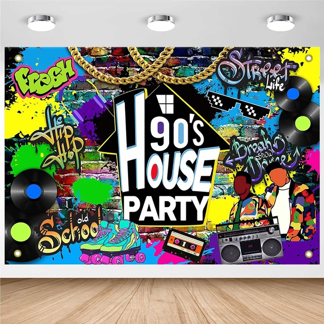 Main image of 90s House Party Backdrop Hip Hop Graffiti 90's Theme House Party Decorations Retro Radio Brick Wall Party Banner (7x5ft)