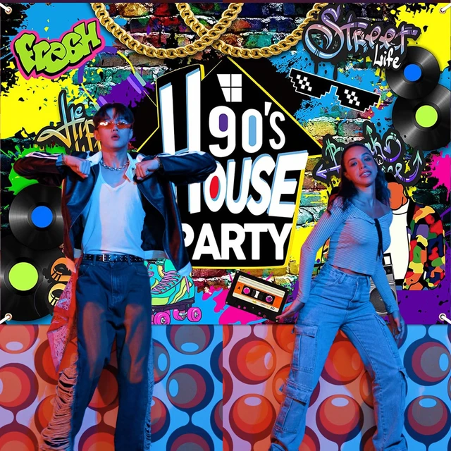 Alt view image 2 of 7 - 90s House Party Backdrop Hip Hop Graffiti 90's Theme House Party Decorations Retro Radio Brick Wall Party Banner (7x5ft)