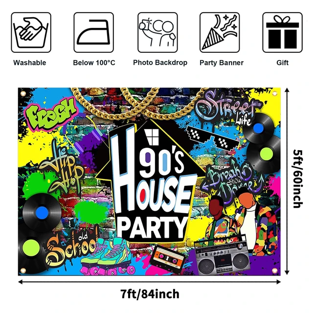 Alt view image 3 of 7 - 90s House Party Backdrop Hip Hop Graffiti 90's Theme House Party Decorations Retro Radio Brick Wall Party Banner (7x5ft)