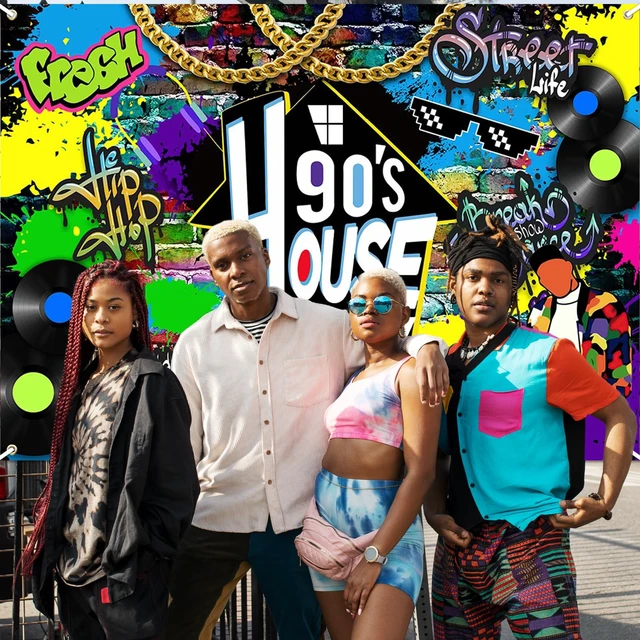 Alt view image 5 of 7 - 90s House Party Backdrop Hip Hop Graffiti 90's Theme House Party Decorations Retro Radio Brick Wall Party Banner (7x5ft)