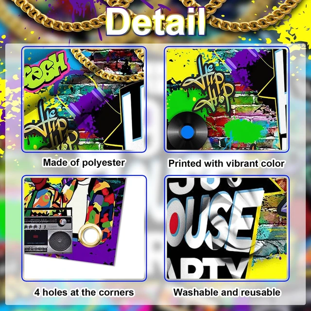 Alt view image 6 of 7 - 90s House Party Backdrop Hip Hop Graffiti 90's Theme House Party Decorations Retro Radio Brick Wall Party Banner (7x5ft)