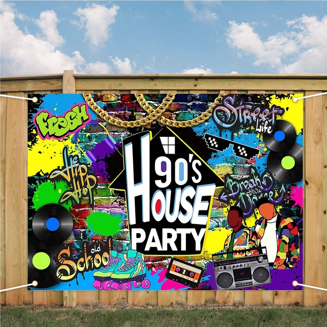 Alt view image 7 of 7 - 90s House Party Backdrop Hip Hop Graffiti 90's Theme House Party Decorations Retro Radio Brick Wall Party Banner (7x5ft)