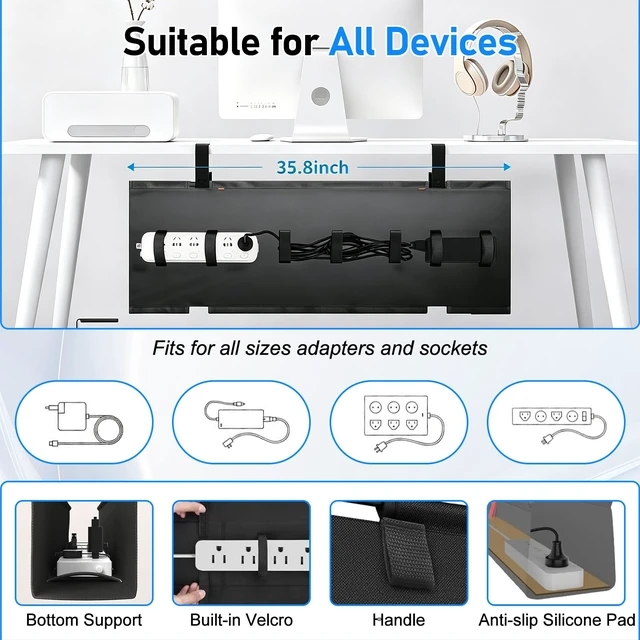 Alt view image 3 of 7 - 36" Under Desk Cable Management Tray, No-Drill Clamp-On Under Desk Cord Management for Desk, Anti-Sag Fabric Wire Management for Power Strips, Cable Raceways Tray Cord Hiders for Office/Home (Black)