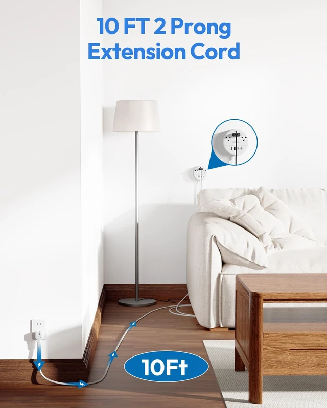 Alt view image 2 of 7 - 2 Prong Power Strip, 10 FT Extension Cord, 2 Prong to 3 Prong Outlet Adapter, 180°Non-Polarized, 3 Outlets 4 USB (2 USB C), Wall Mount for Old House Non-Grounded Outlets,White