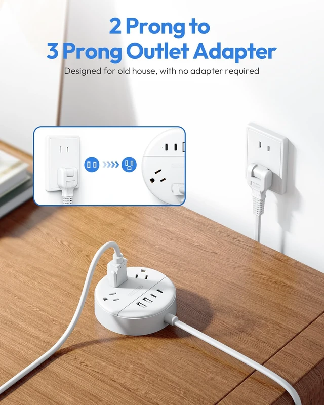 Alt view image 3 of 7 - 2 Prong Power Strip, 10 FT Extension Cord, 2 Prong to 3 Prong Outlet Adapter, 180°Non-Polarized, 3 Outlets 4 USB (2 USB C), Wall Mount for Old House Non-Grounded Outlets,White
