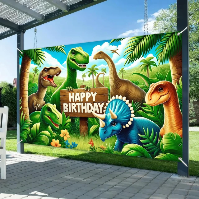 Alt view image 2 of 6 - Seasonal Dinosaur Birthday Backdrop 120x84 Inch Dino Park Theme Decor Birthday Background Prop Living Room Backyard Hall Colorful Dinosaur Graphic