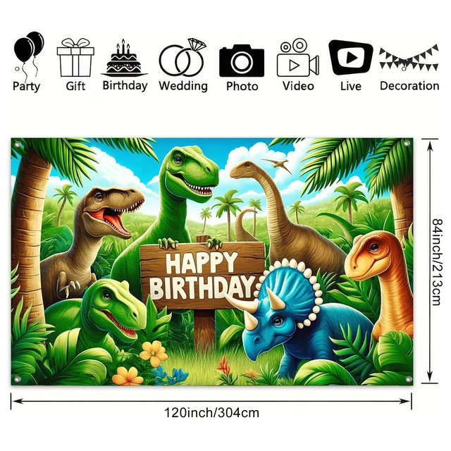 Alt view image 3 of 6 - Seasonal Dinosaur Birthday Backdrop 120x84 Inch Dino Park Theme Decor Birthday Background Prop Living Room Backyard Hall Colorful Dinosaur Graphic