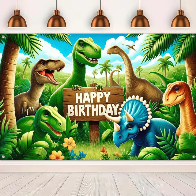 Alt view image 5 of 6 - Seasonal Dinosaur Birthday Backdrop 120x84 Inch Dino Park Theme Decor Birthday Background Prop Living Room Backyard Hall Colorful Dinosaur Graphic