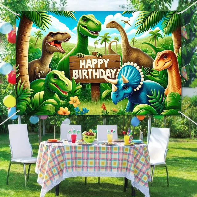 Alt view image 6 of 6 - Seasonal Dinosaur Birthday Backdrop 120x84 Inch Dino Park Theme Decor Birthday Background Prop Living Room Backyard Hall Colorful Dinosaur Graphic