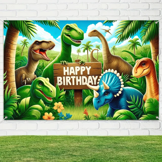 Alt view image 4 of 6 - Seasonal Dinosaur Birthday Backdrop 120x84 Inch Dino Park Theme Decor Birthday Background Prop Living Room Backyard Hall Colorful Dinosaur Graphic