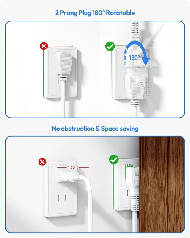 Alt view image 5 of 7 - 2 Prong Power Strip, 10 FT Extension Cord, 2 Prong to 3 Prong Outlet Adapter, 180°Non-Polarized, 3 Outlets 4 USB (2 USB C), Wall Mount for Old House Non-Grounded Outlets,White