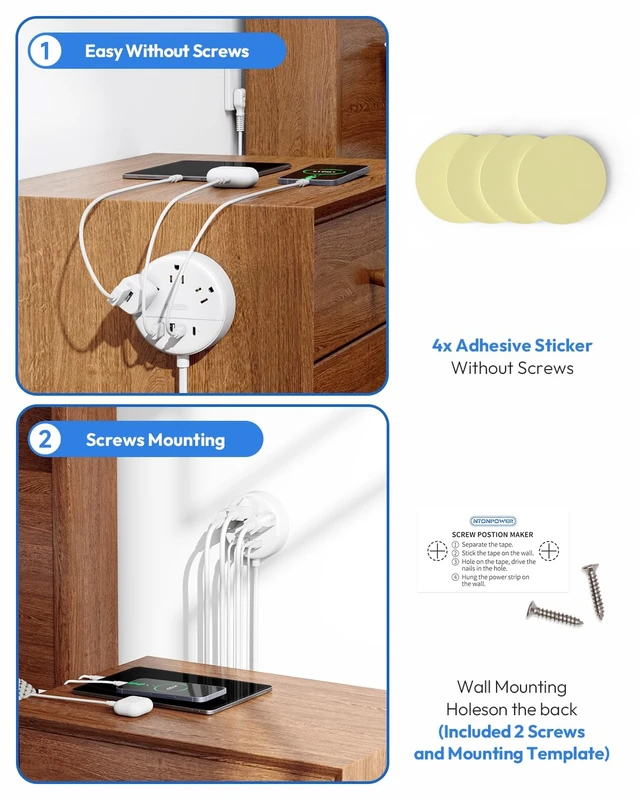 Alt view image 7 of 7 - 2 Prong Power Strip, 10 FT Extension Cord, 2 Prong to 3 Prong Outlet Adapter, 180°Non-Polarized, 3 Outlets 4 USB (2 USB C), Wall Mount for Old House Non-Grounded Outlets,White
