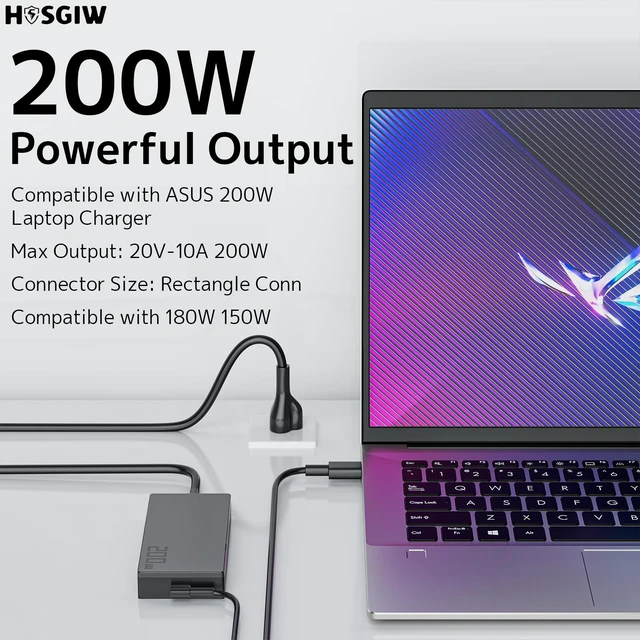 Alt view image 5 of 7 - 200W Laptop Charger for ASUS ROG Zephyrus TUF ProArt Zenbook Rectangle Tip 20V 10A Fast Charging Stable Power for Gaming Smart Temperature Control Compact Design ADP-200JB K Fits 180W Models