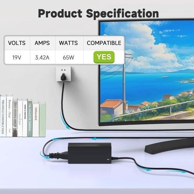 Alt view image 2 of 7 - 19V AC Power Cord Compatible with Acer Monitor LCD H236HL SA230 G276HL S230HL S232HL G246HL G206HQL S271HL S240HL S241HL G236HL G226HQL S220HQL S202HL 65W Charger