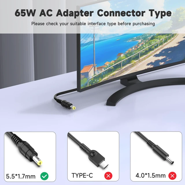 Alt view image 4 of 7 - 19V AC Power Cord Compatible with Acer Monitor LCD H236HL SA230 G276HL S230HL S232HL G246HL G206HQL S271HL S240HL S241HL G236HL G226HQL S220HQL S202HL 65W Charger