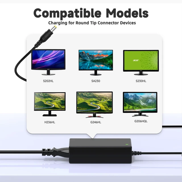 Alt view image 5 of 7 - 19V AC Power Cord Compatible with Acer Monitor LCD H236HL SA230 G276HL S230HL S232HL G246HL G206HQL S271HL S240HL S241HL G236HL G226HQL S220HQL S202HL 65W Charger