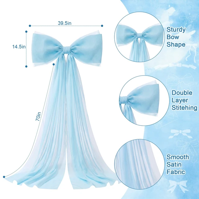 Alt view image 2 of 6 - 39x70 Inch Extra Large Blue Bow Decorations, Giant Tulle Bow for Boy Baby Shower, Big Decor for Wedding Ceremony Arch, Kids Birthday Party Backdrop Room Wall Hanging (Blue)