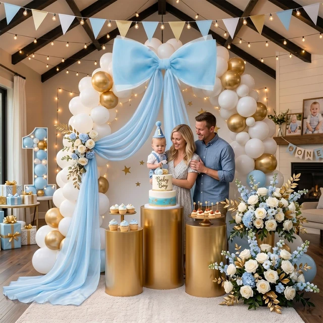 Alt view image 3 of 6 - 39x70 Inch Extra Large Blue Bow Decorations, Giant Tulle Bow for Boy Baby Shower, Big Decor for Wedding Ceremony Arch, Kids Birthday Party Backdrop Room Wall Hanging (Blue)