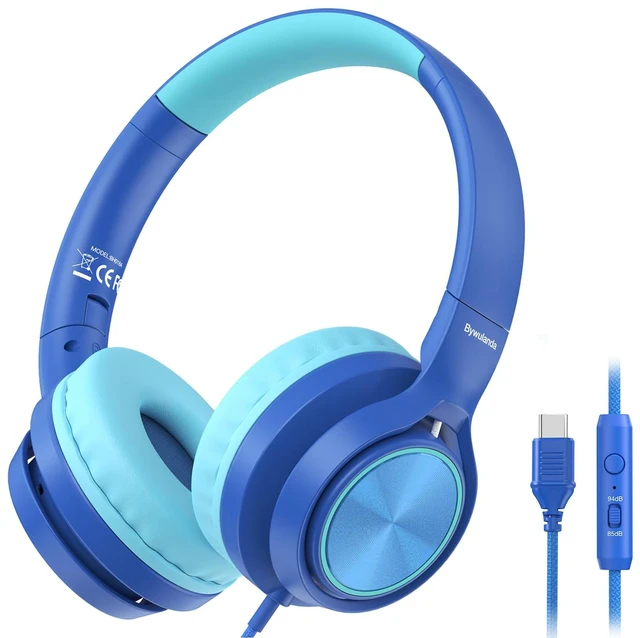 Main image of USB-C Kids Headphones with Mic, Over Ear Headphones for School 85/94dB Safe Volume Limit, Adjustable Headband, Foldable Wired Headphones for Boys/ Girls/iPad/Tablet/Travel/Laptop, Blue