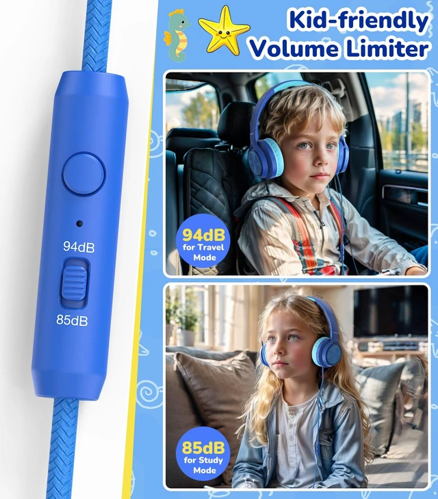 Alt view image 2 of 7 - USB-C Kids Headphones with Mic, Over Ear Headphones for School 85/94dB Safe Volume Limit, Adjustable Headband, Foldable Wired Headphones for Boys/ Girls/iPad/Tablet/Travel/Laptop, Blue