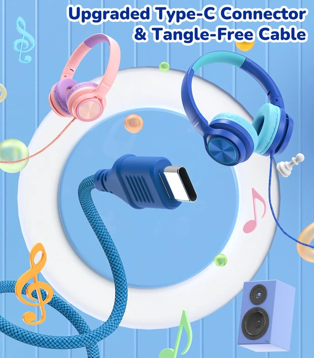 Alt view image 3 of 7 - USB-C Kids Headphones with Mic, Over Ear Headphones for School 85/94dB Safe Volume Limit, Adjustable Headband, Foldable Wired Headphones for Boys/ Girls/iPad/Tablet/Travel/Laptop, Blue