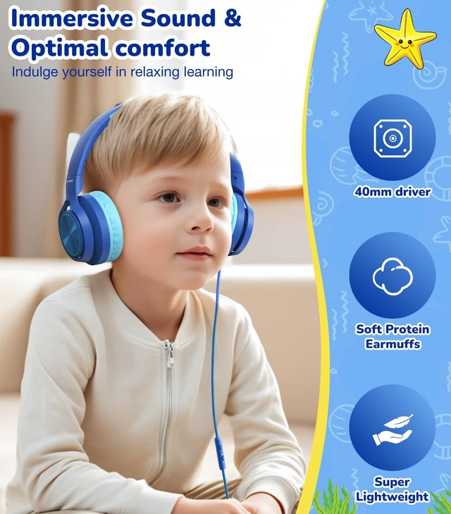 Alt view image 4 of 7 - USB-C Kids Headphones with Mic, Over Ear Headphones for School 85/94dB Safe Volume Limit, Adjustable Headband, Foldable Wired Headphones for Boys/ Girls/iPad/Tablet/Travel/Laptop, Blue