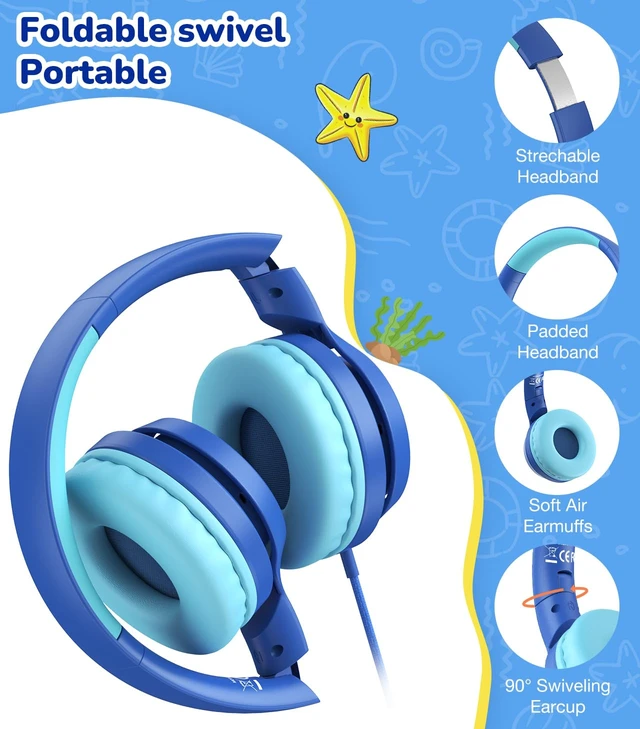 Alt view image 6 of 7 - USB-C Kids Headphones with Mic, Over Ear Headphones for School 85/94dB Safe Volume Limit, Adjustable Headband, Foldable Wired Headphones for Boys/ Girls/iPad/Tablet/Travel/Laptop, Blue