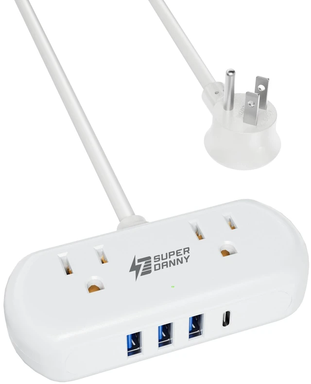 Main image of Mini Surge Protector, 2 Wide-Spaced Outlets Power Strip with USB 5ft Extension Cord, 3 USB-A & 1 USB-C, Flat Plug, Compact Size Desktop Charging Station Travel, Home, Office, White