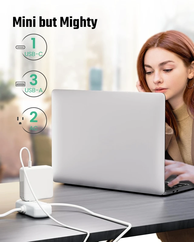 Alt view image 3 of 7 - Mini Surge Protector, 2 Wide-Spaced Outlets Power Strip with USB 5ft Extension Cord, 3 USB-A & 1 USB-C, Flat Plug, Compact Size Desktop Charging Station Travel, Home, Office, White