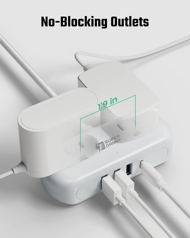 Alt view image 4 of 7 - Mini Surge Protector, 2 Wide-Spaced Outlets Power Strip with USB 5ft Extension Cord, 3 USB-A & 1 USB-C, Flat Plug, Compact Size Desktop Charging Station Travel, Home, Office, White