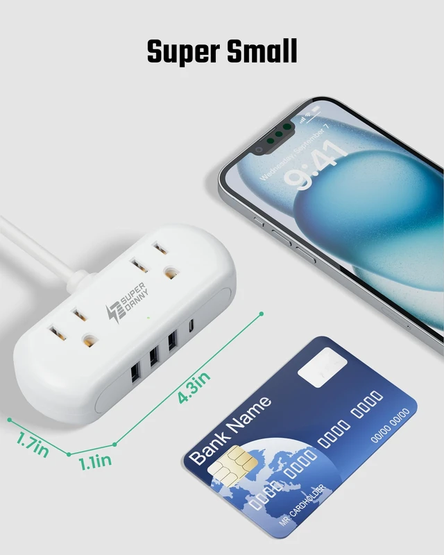 Alt view image 2 of 7 - Mini Surge Protector, 2 Wide-Spaced Outlets Power Strip with USB 5ft Extension Cord, 3 USB-A & 1 USB-C, Flat Plug, Compact Size Desktop Charging Station Travel, Home, Office, White
