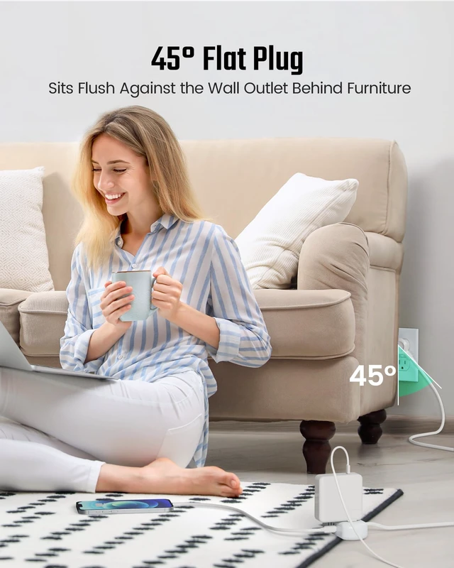 Alt view image 6 of 7 - Mini Surge Protector, 2 Wide-Spaced Outlets Power Strip with USB 5ft Extension Cord, 3 USB-A & 1 USB-C, Flat Plug, Compact Size Desktop Charging Station Travel, Home, Office, White