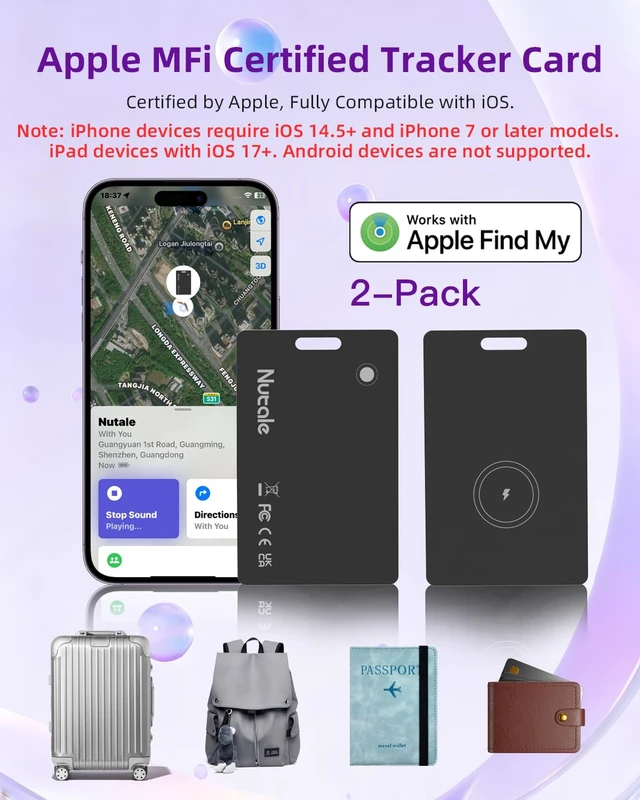 Alt view image 3 of 7 - Rechargeable Wallet Tracker Tag Card, Works with Apple Find My iOS Only, IP68 Credit Card Size Item Finder for Luggage Tag, Passport Tag