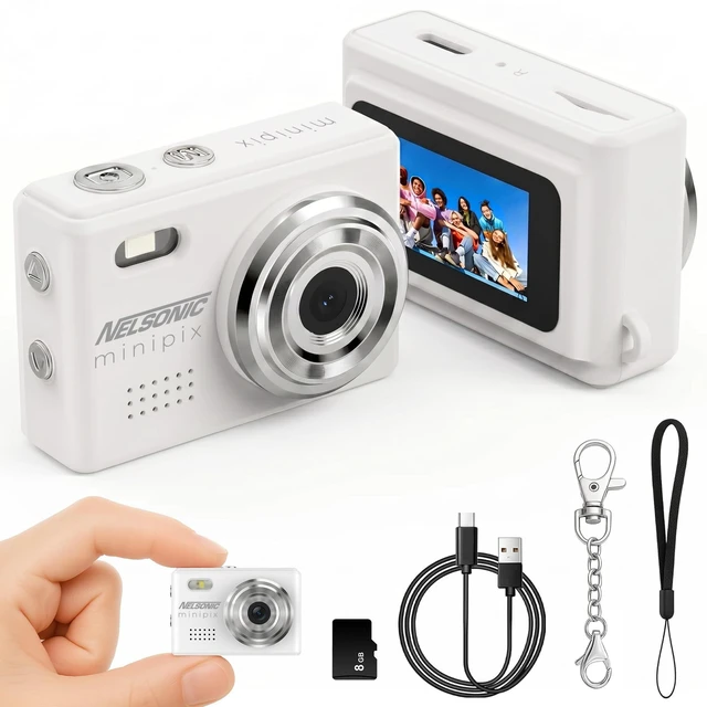 Main image of MiniPix 1080P Digital Keychain Camera, 8GB Card, USB-C, White 0.96-inch color screen, 1MP sensor, photo/video capture, pocket size, clip-on design, rechargeable, travel, gifts, teens, 6+