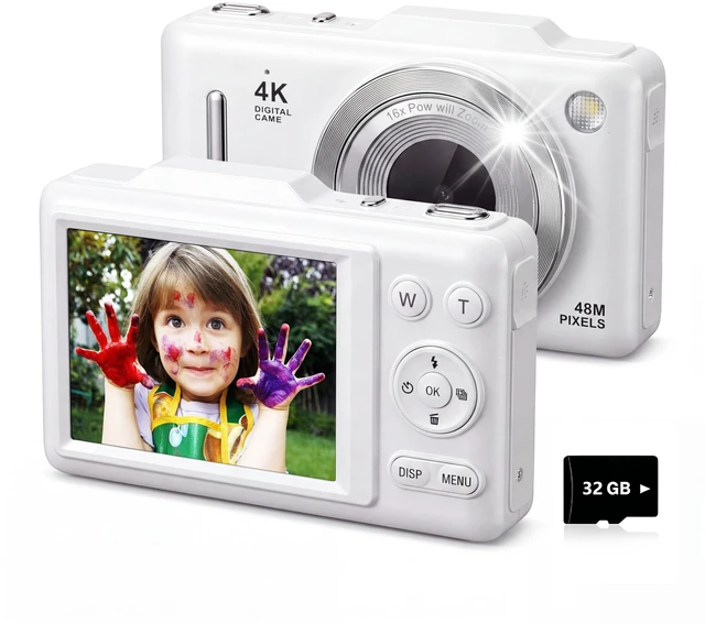 Main image of 4K 48MP Digital Camera for Kids, 16X Zoom, 32GB Card Point and shoot compact camera, autofocus, anti-shake, fill light and creative filters. Gift for kids, teens and beginners