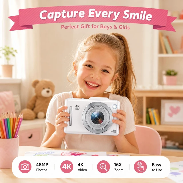 Alt view image 3 of 7 - 4K 48MP Digital Camera for Kids, 16X Zoom, 32GB Card Point and shoot compact camera, autofocus, anti-shake, fill light and creative filters. Gift for kids, teens and beginners
