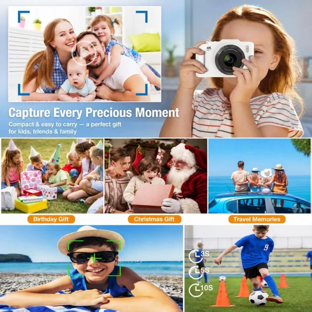 Alt view image 5 of 7 - 4K 48MP Digital Camera for Kids, 16X Zoom, 32GB Card Point and shoot compact camera, autofocus, anti-shake, fill light and creative filters. Gift for kids, teens and beginners