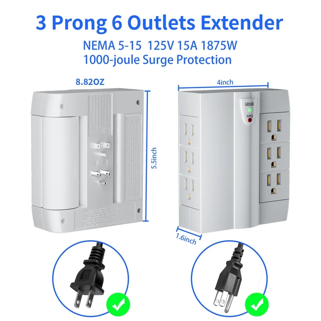 Alt view image 2 of 6 - 6 Outlet Extender Surge Protector, Side Access Swivel Power Splitter, 3 Rotatable Multi Outlet Wall Tap Adapter, Tight Fit, 3-Prong Grounded Flat Space Saving Snug Plug, 1000J/125V, ETL-White