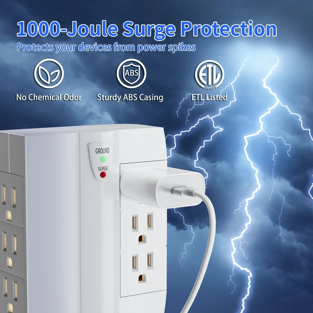 Alt view image 3 of 6 - 6 Outlet Extender Surge Protector, Side Access Swivel Power Splitter, 3 Rotatable Multi Outlet Wall Tap Adapter, Tight Fit, 3-Prong Grounded Flat Space Saving Snug Plug, 1000J/125V, ETL-White