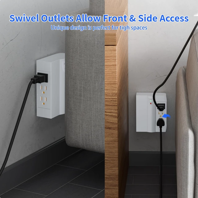 Alt view image 5 of 6 - 6 Outlet Extender Surge Protector, Side Access Swivel Power Splitter, 3 Rotatable Multi Outlet Wall Tap Adapter, Tight Fit, 3-Prong Grounded Flat Space Saving Snug Plug, 1000J/125V, ETL-White