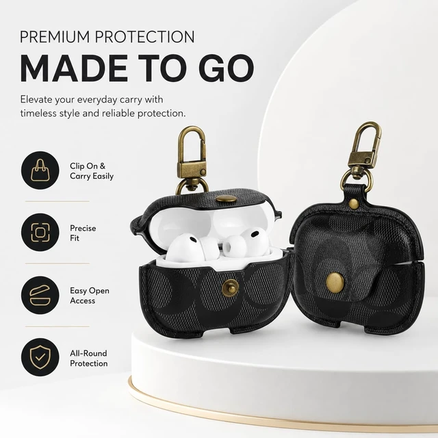 Alt view image 6 of 7 - Leather Case for AirPods Pro 3, Full Body Shockproof Protective Cover (B) Printed Leather Snap Closure Keychain Clip Drop Protection Precise Cutouts