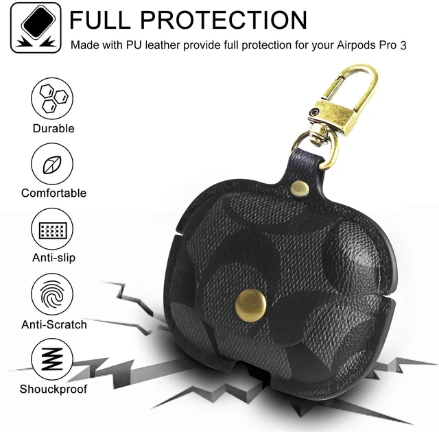 Alt view image 3 of 7 - Leather Case for AirPods Pro 3, Shockproof Cover with Keychain, Black Scratchresistant printed leather, snapbutton flap, metal key clip, precise cutouts for fast charging