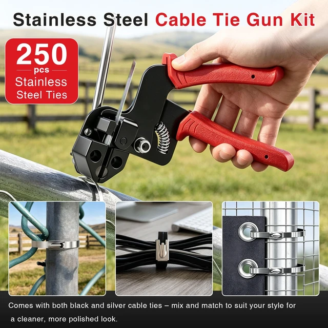 Alt view image 3 of 7 - Stainless Steel Cable Tie Gun Kit 250pcs Metal Zip Ties with Adjustable Tensioning Tool, Heavy Duty Outdoor Fastening Set for Fencing, Exhaust Wrap, Gardening, Automotive