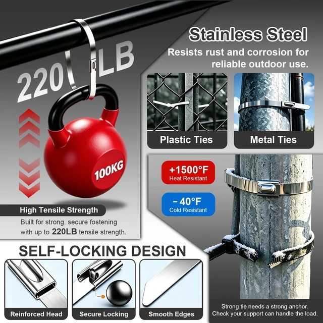Alt view image 7 of 7 - 500Pcs Metal Zip Ties Gun Kit, 6/8/12/16 Inch Heavy Duty Metal Zip Ties, Multi-Purpose Self-Locking Cable Tie Tool Set, Adjustable Fastening Cutting Tie Tool Sets,For Fence, Chicken Coop, Farm