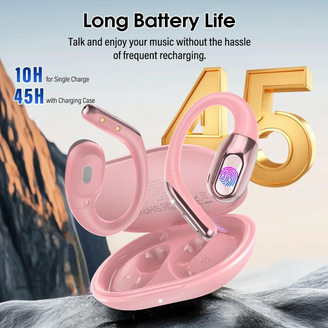 Alt view image 3 of 7 - Open Ear Headphones Bluetooth 6.0 Immersive Stereo, 2026 Wireless Sports Earbuds with Wide Area Tap, 45Hrs Lightweight Comfort Ear Buds with ENC Mic, IPX7 Waterproof Earphones for Gym/Running Rose